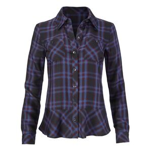 Cabi 3431 check plaid shirt blue black red peplum skirted women's size small